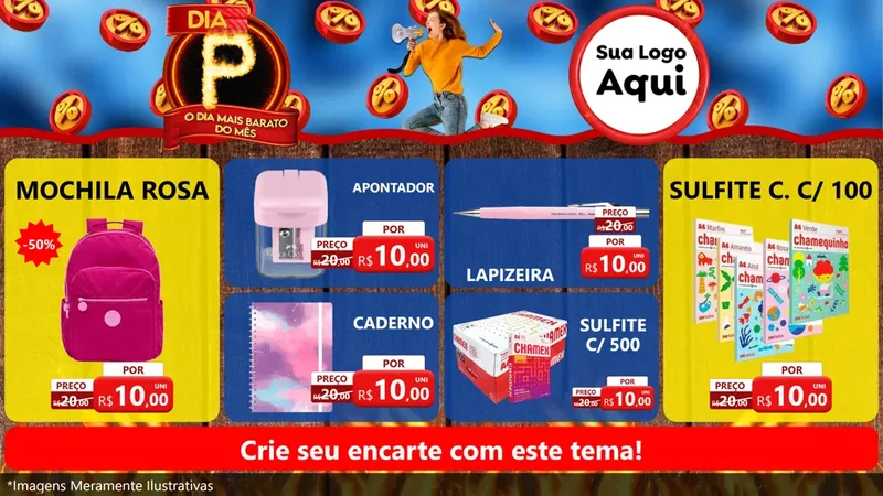 Modelo de TV para TV Horizontal com o tema Dia P - O Dia Mais Barato Do Mês para Papelaria