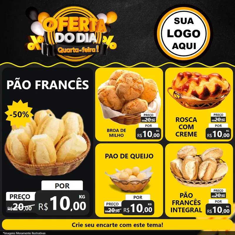 Modelo de Rede Social para Feed Facebook com o tema Oferta do Dia - Quarta Feira! para Padaria