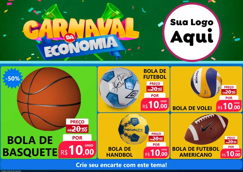 Modelo de Encarte para Encarte A4 Horizontal com o tema Carnaval da Economia para Artigos Esportivos
