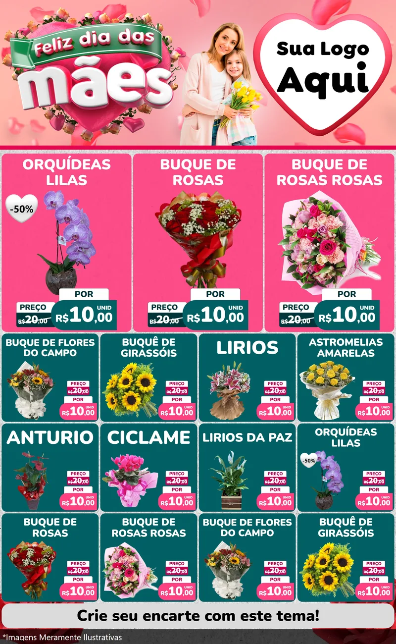 Modelo de Encarte para Encarte Grande com o tema Feliz Dia das Mães para Floricultura e jardim