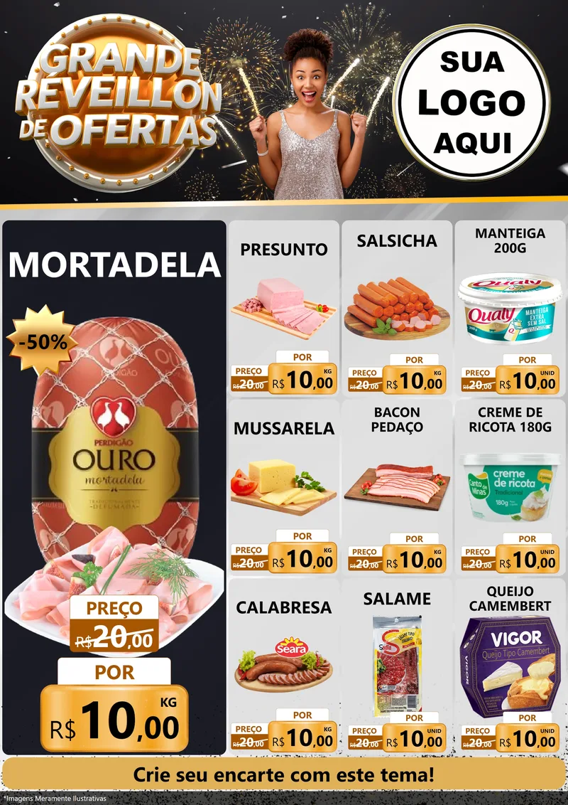 Modelo de Encarte para Encarte A4 Vertical com o tema Grande Réveillon de Ofertas para Frios e Laticínios