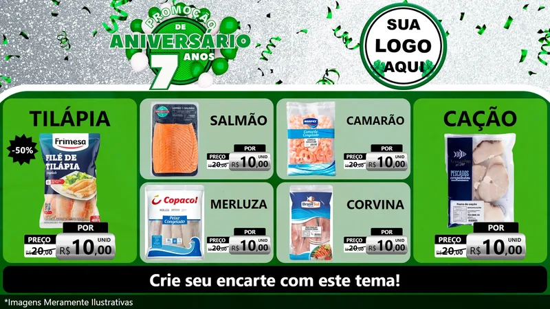 Modelo de TV para TV Horizontal com o tema Promoção de Aniversário - 7 Anos para Peixaria