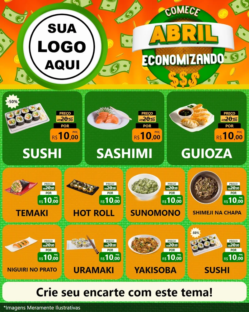 Modelo de Rede Social para Feed Instagram com o tema Comece Abril Economizando para Comida japonesa