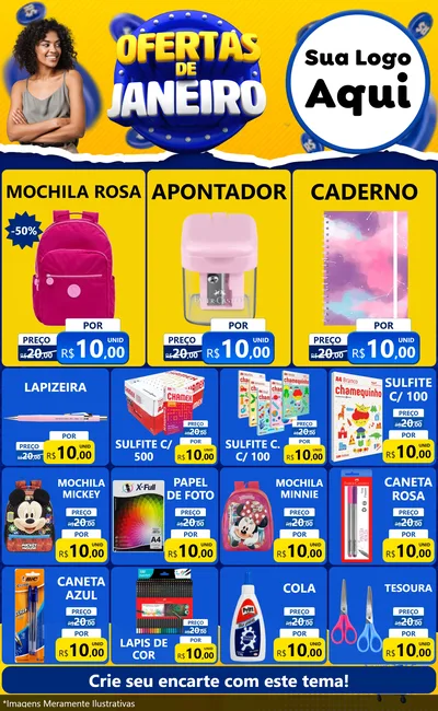 Modelo de Encarte para Encarte Grande com o tema Ofertas de Janeiro para Papelaria