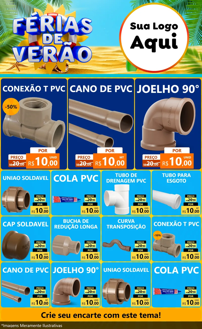 Modelo de Encarte para Encarte Grande com o tema Férias de Verão para Tubos e conexões