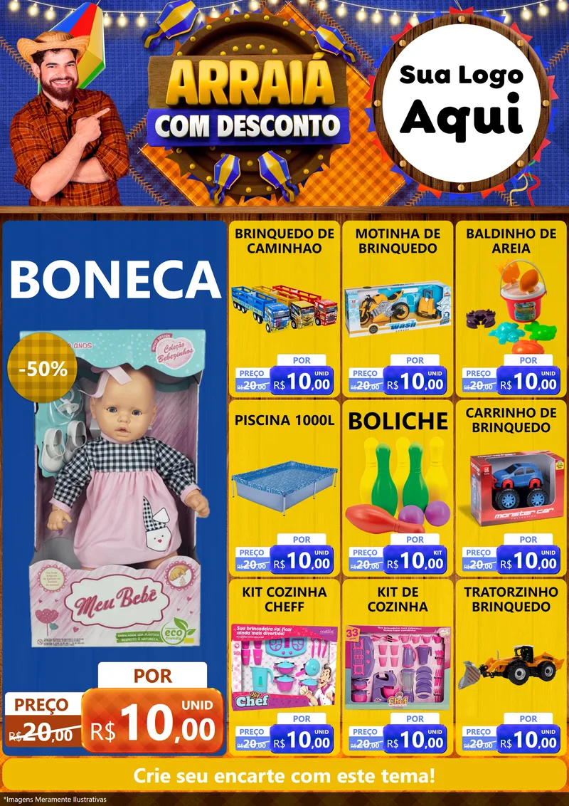 Modelo de Encarte para Encarte A4 Vertical com o tema Arraiá Com Desconto para Brinquedos