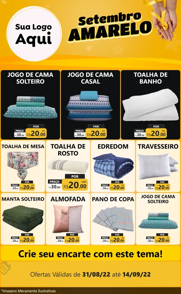 Modelo de Encarte para Encarte Grande com o tema Setembro Amarelo para Cama, Mesa e Banho