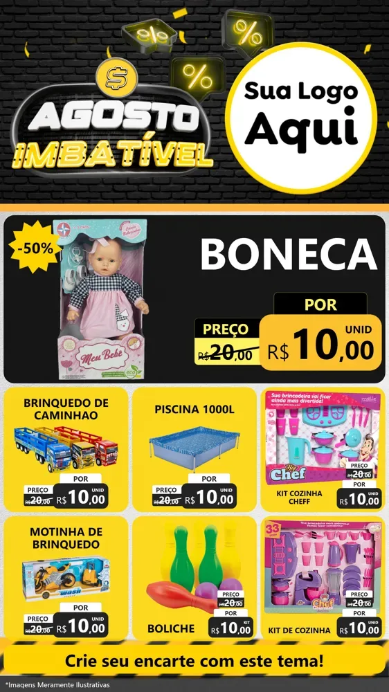 Modelo de Rede Social para Stories com o tema Agosto Imbatível para Brinquedos