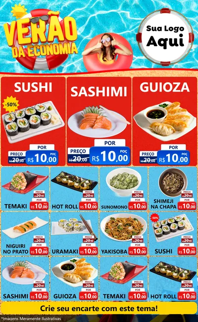 Modelo de Encarte para Encarte Grande com o tema Verão da Economia para Comida japonesa