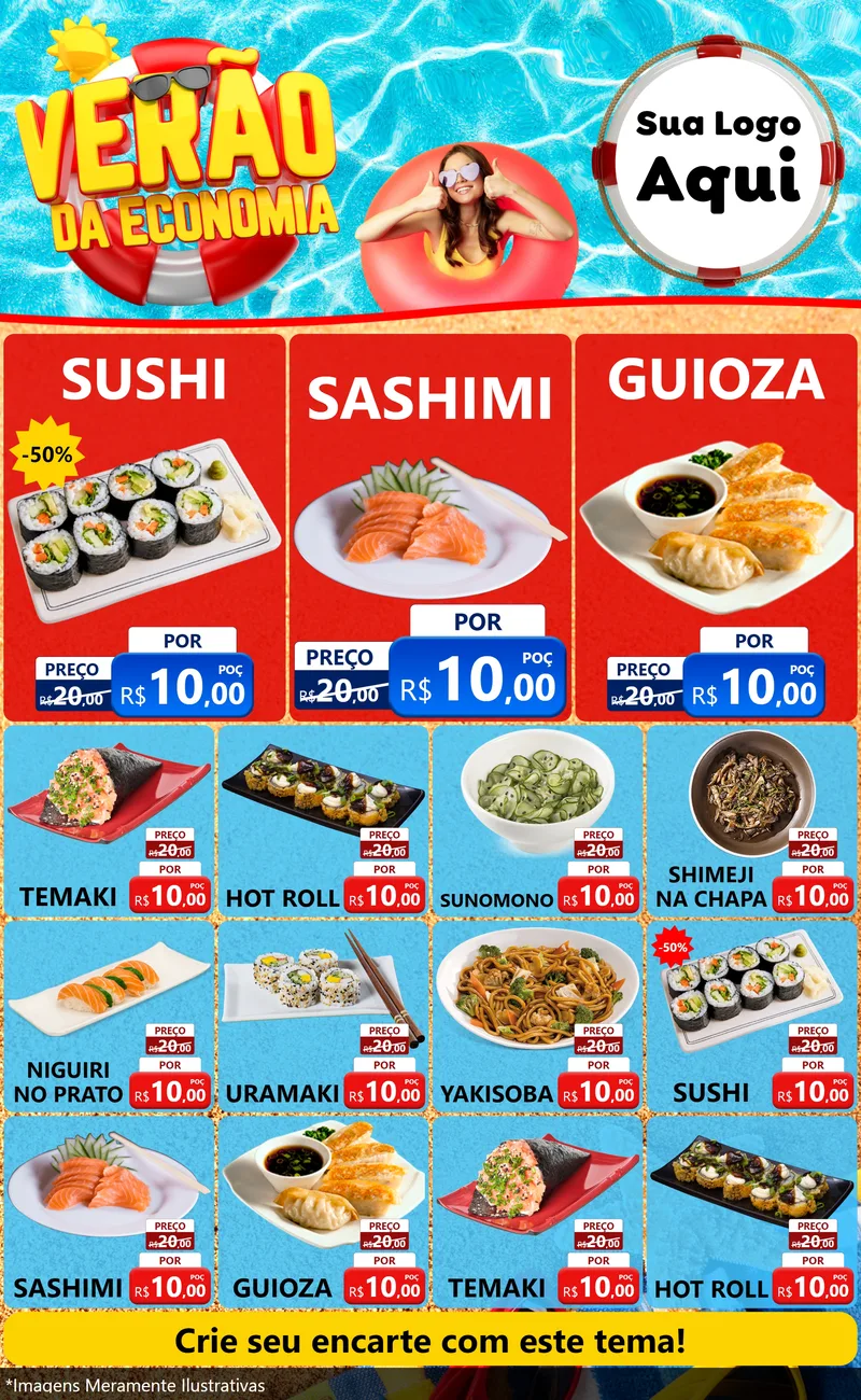 Modelo de Encarte para Encarte Grande com o tema Verão da Economia para Comida japonesa
