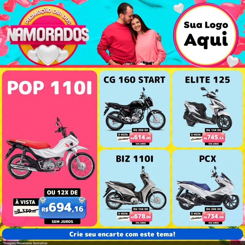 Modelo de Rede Social para Feed Facebook com o tema Promoção Dia dos Namorados para Concessionaria de Motos