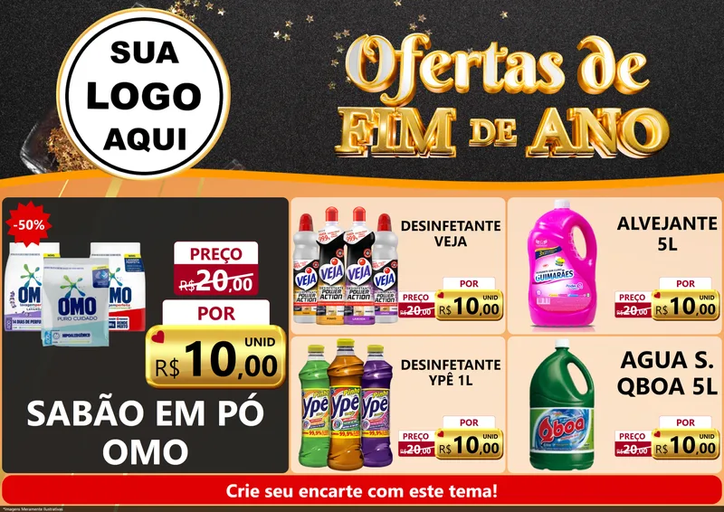 Modelo de Encarte para Encarte A4 Horizontal com o tema Ofertas de Fim de Ano para Produtos de Limpeza