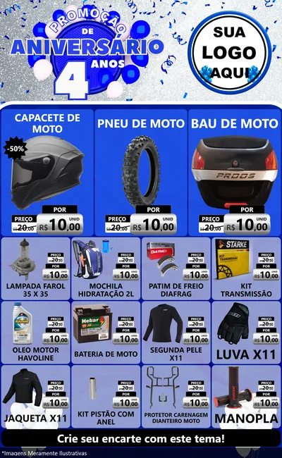 Modelo de Encarte para Encarte Grande com o tema Promoção de Aniversário - 4 Anos para Moto peças