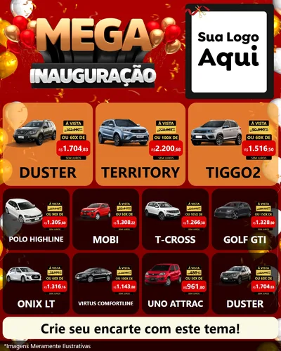Modelo de Rede Social para Feed Instagram com o tema Mega Inauguração para Concessionaria de Carros