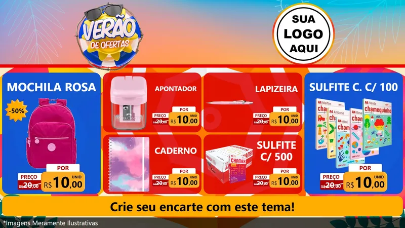 Modelo de TV para TV Horizontal com o tema Verão de Ofertas para Papelaria