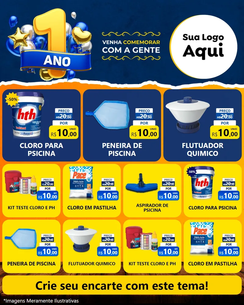 Modelo de Rede Social para Feed Instagram com o tema Um Ano de Aniversário para Produtos para Piscina