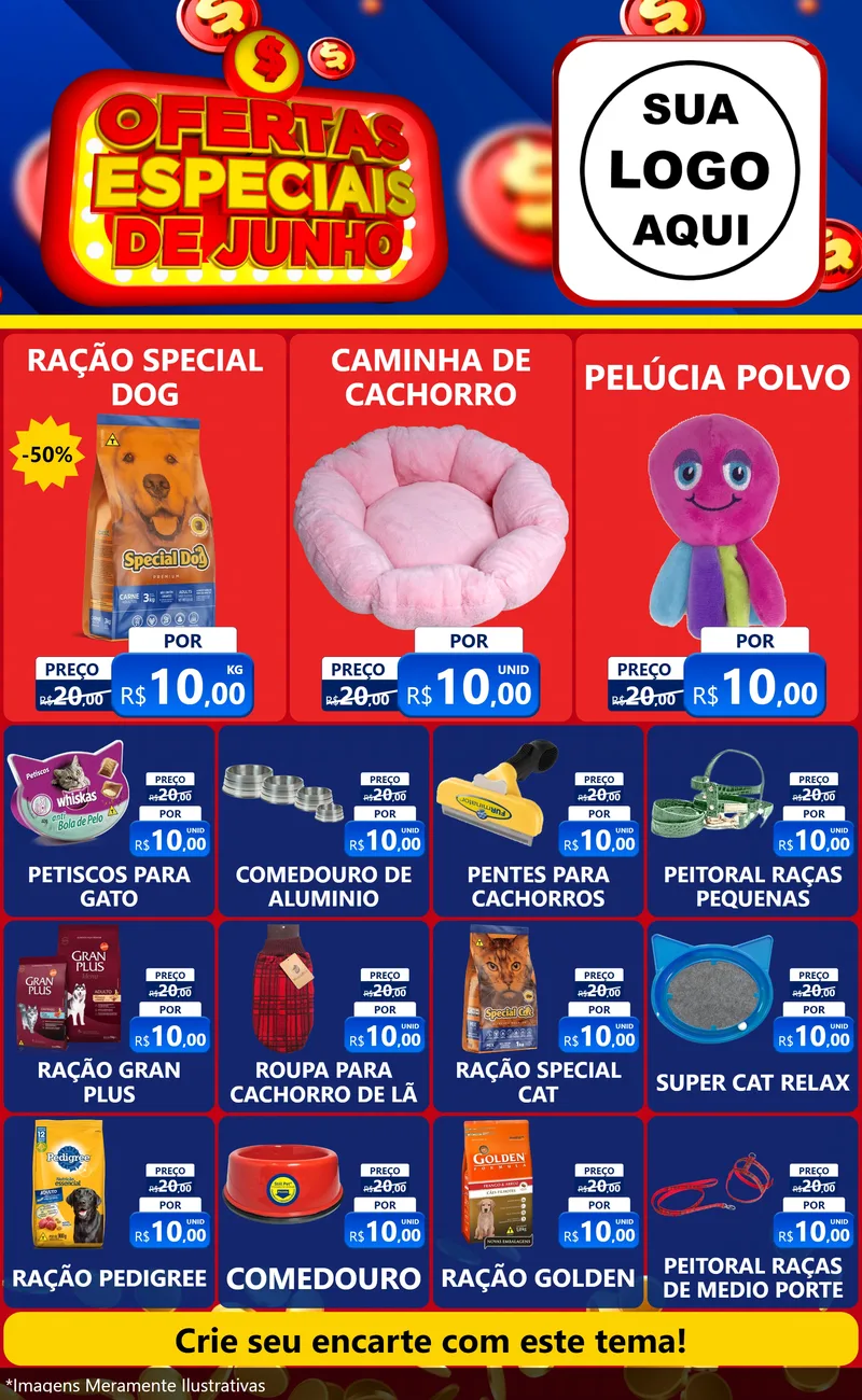 Modelo de Encarte para Encarte Grande com o tema Ofertas Especiais de Junho para Pet Shop
