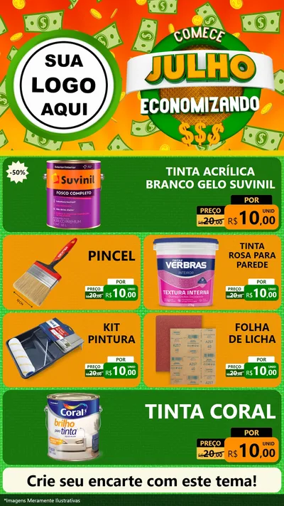 Modelo de TV para TV Vertical com o tema Comece Julho Economizando para Tintas e Ferramentas