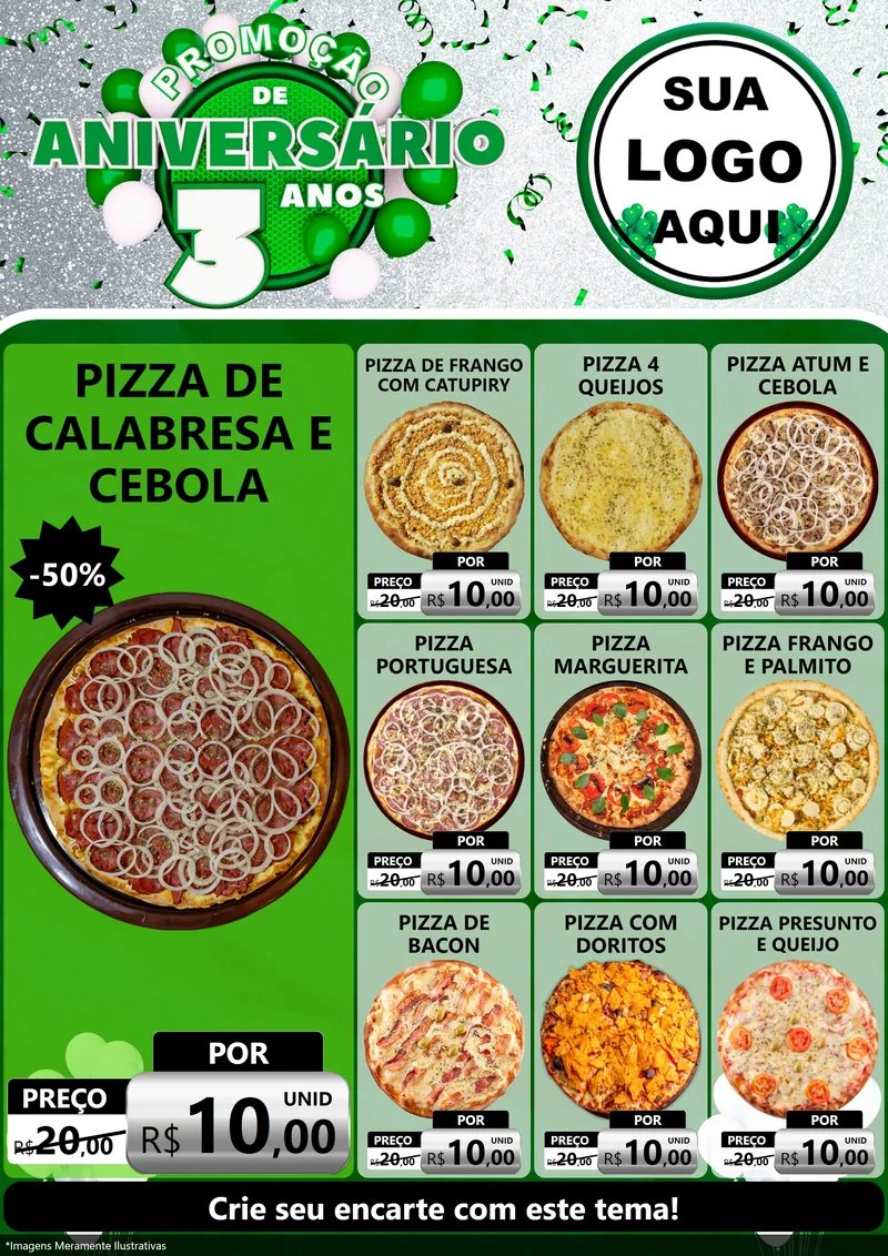 Modelo de Encarte para Encarte A4 Vertical com o tema Promoção de Aniversário - 3 Anos para Pizzaria