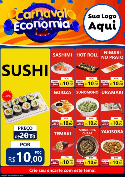 Modelo de Encarte para Encarte A4 Vertical com o tema Carnaval da Economia para Comida japonesa