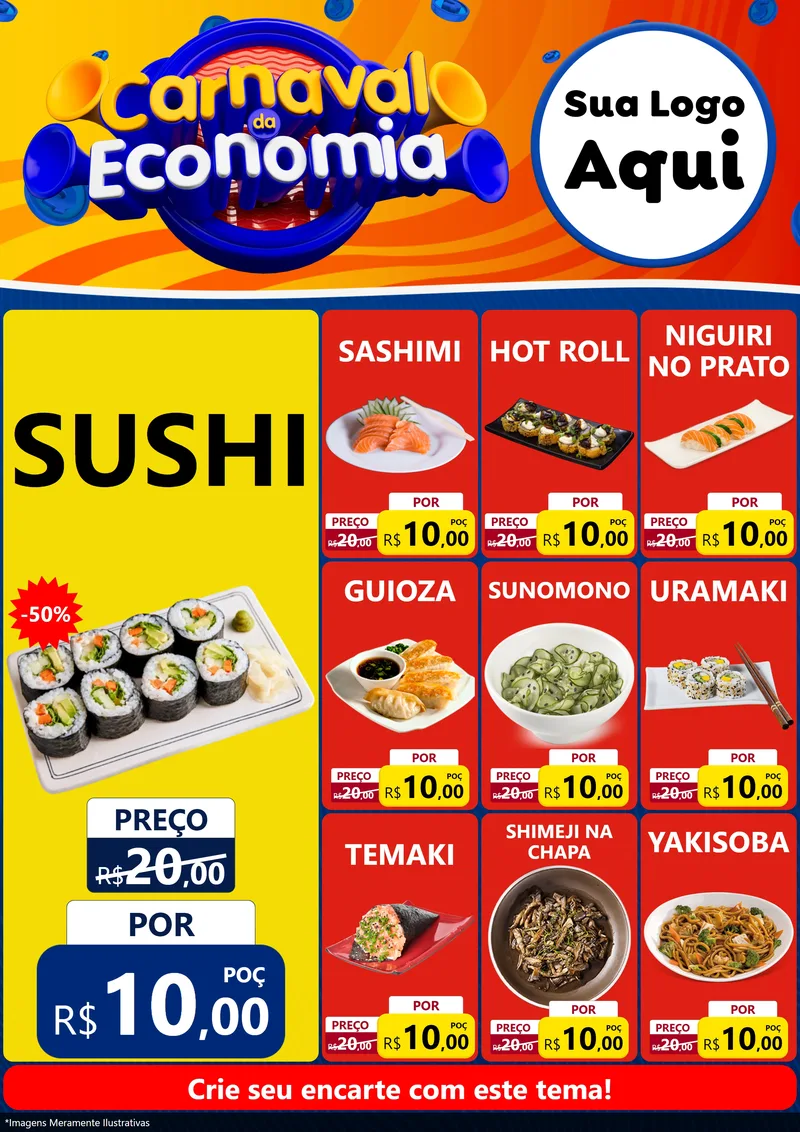 Modelo de Encarte para Encarte A4 Vertical com o tema Carnaval da Economia para Comida japonesa