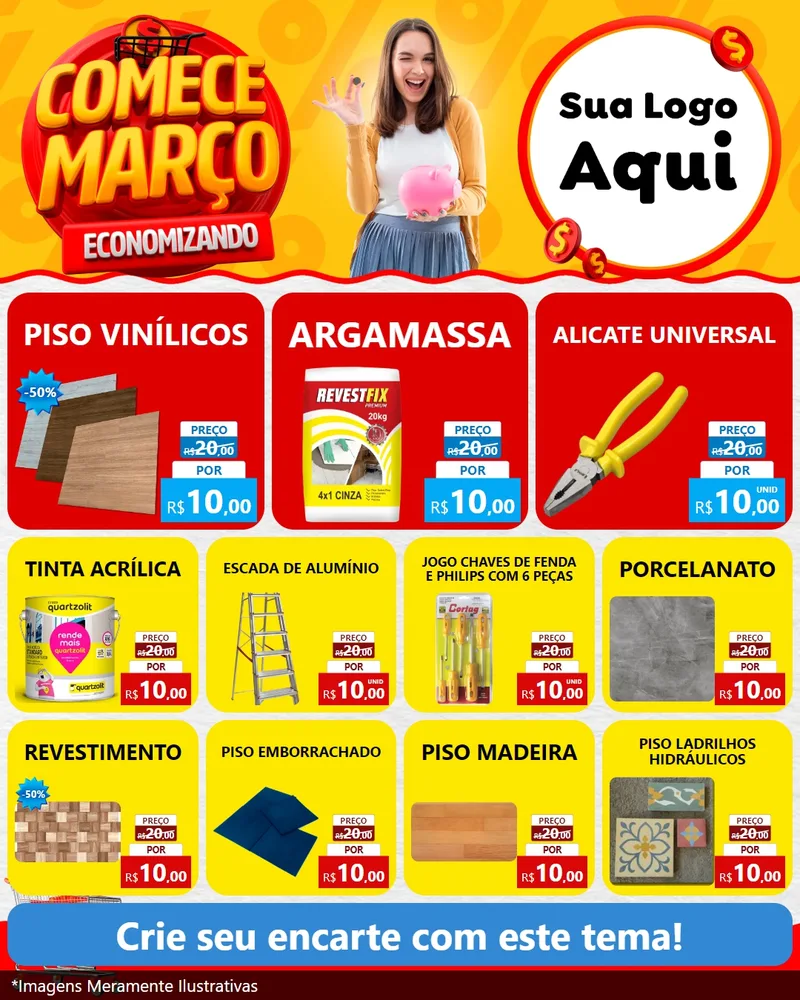 Modelo de Rede Social para Feed Instagram com o tema Comece Março Economizando para Material para Construção