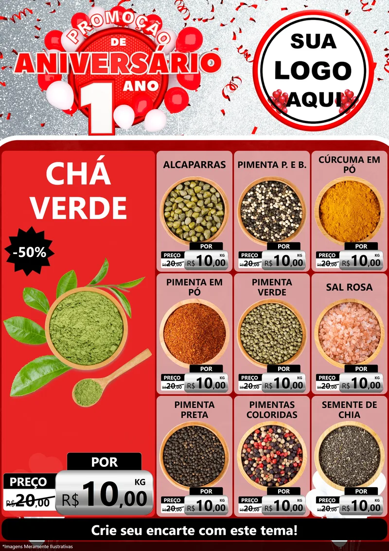 Modelo de Encarte para Encarte A4 Vertical com o tema Promoção de Aniversário - 1 Ano para Produtos Naturais