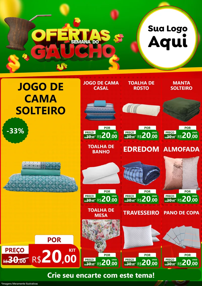 Modelo de Encarte para Encarte A4 Vertical com o tema Ofertas Semana Do Gaúcho para Cama, Mesa e Banho