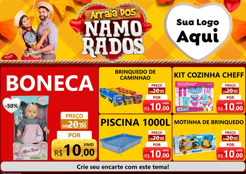 Modelo de Encarte para Encarte A4 Horizontal com o tema Arraiá dos Namorados para Brinquedos
