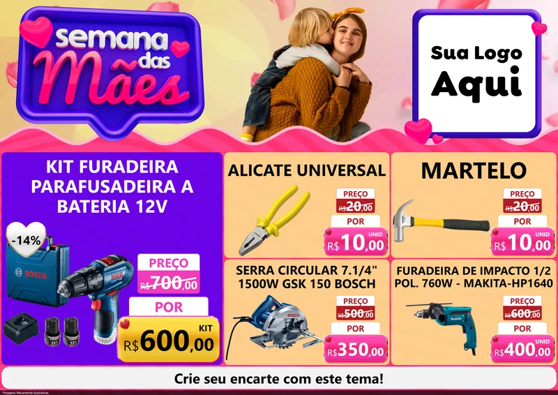 Modelo de Encarte para Encarte A4 Horizontal com o tema Semana das Mães para Maquinas e Ferramentas