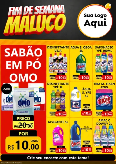 Modelo de Encarte para Encarte A4 Vertical com o tema Final de Semana Maluco para Produtos de Limpeza