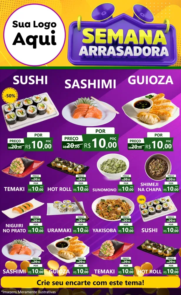 Modelo de Encarte para Encarte Grande com o tema Semana Arrasadora para Comida japonesa