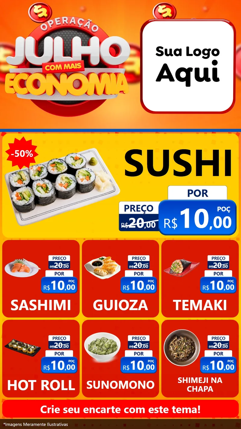 Modelo de Rede Social para Stories com o tema Operação Julho Com Mais Economia para Comida japonesa