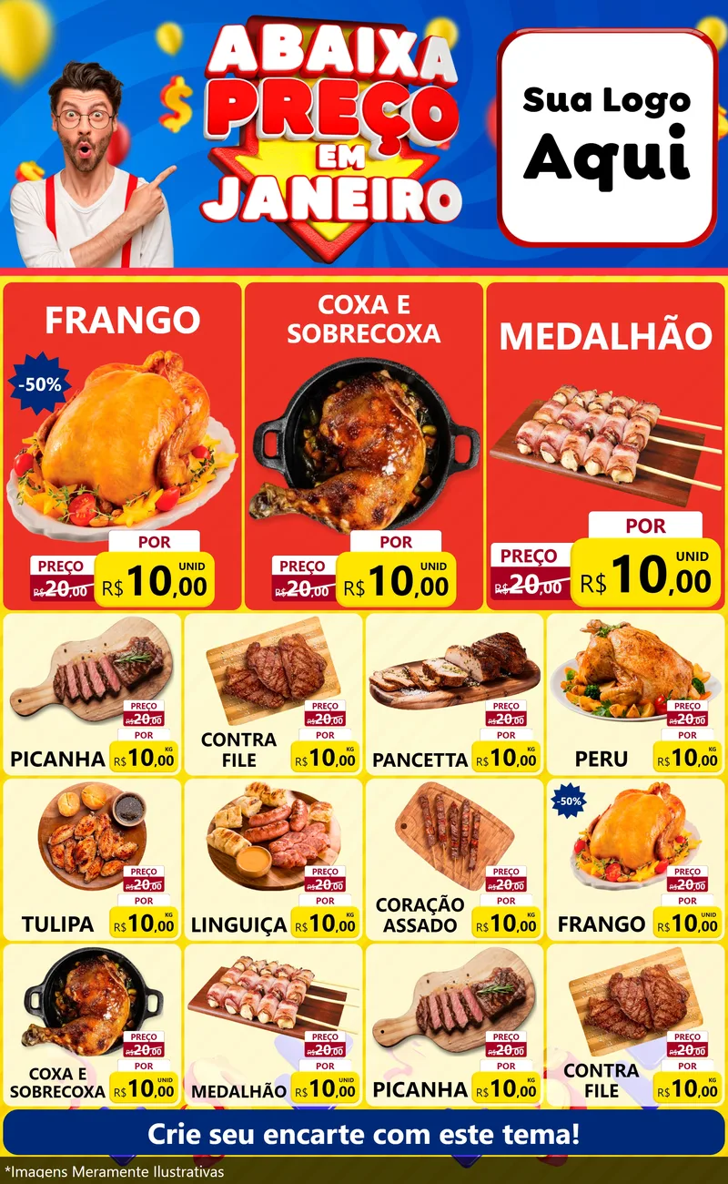 Modelo de Encarte para Encarte Grande com o tema Abaixa Preço em Janeiro para Assados