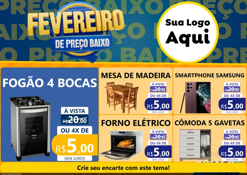 Modelo de Encarte para Encarte A4 Horizontal com o tema Fevereiro de Preço Baixo para Móveis e Eletro