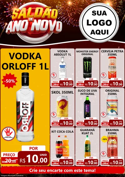 Modelo de Encarte para Encarte A4 Vertical com o tema Saldão de Ano Novo para Distribuidora de bebidas