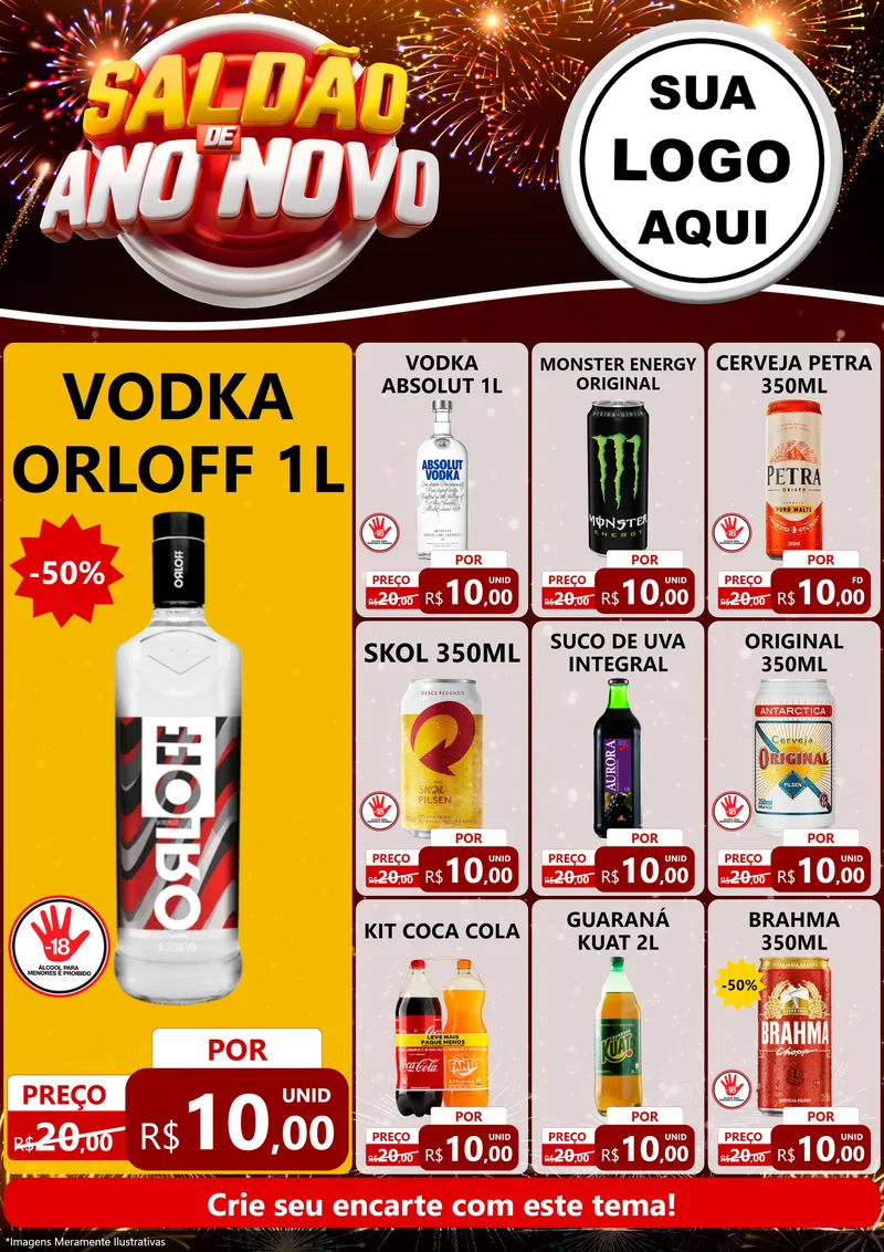 Modelo de Encarte para Encarte A4 Vertical com o tema Saldão de Ano Novo para Distribuidora de bebidas