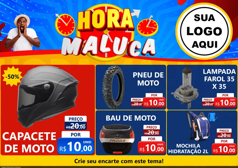 Modelo de Encarte para Encarte A4 Horizontal com o tema Hora Maluca para Moto peças