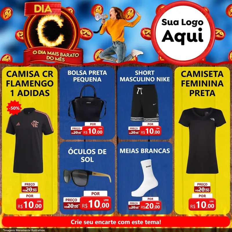 Modelo de Rede Social para Feed Facebook com o tema Dia C - O Dia Mais Barato Do Mês para Roupas e acessórios