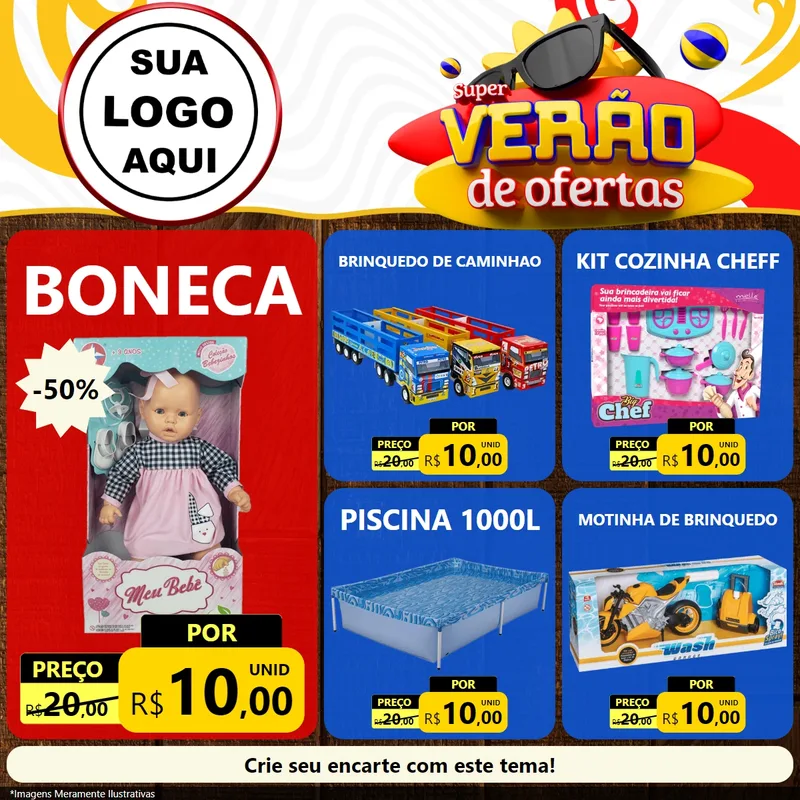 Modelo de Rede Social para Feed Facebook com o tema Super Verão de Ofertas para Brinquedos