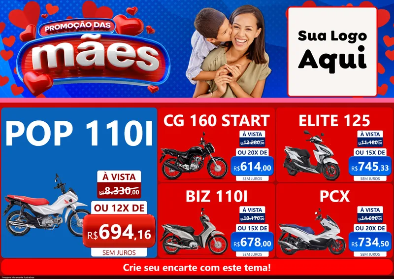 Modelo de Encarte para Encarte A4 Horizontal com o tema Promoção das Mães para Concessionaria de Motos