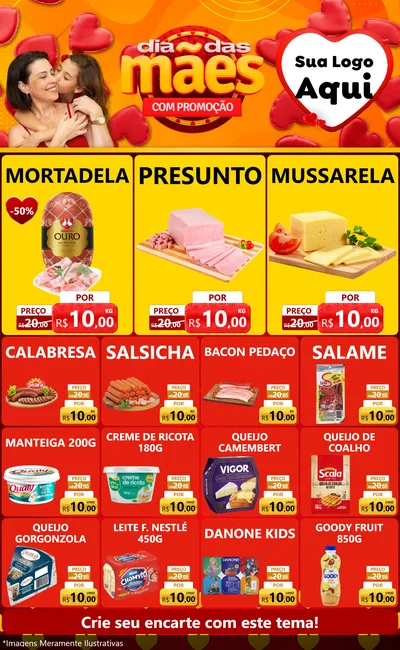 Modelo de Encarte para Encarte Grande com o tema Dia das Mães com Promoção para Frios e Laticínios