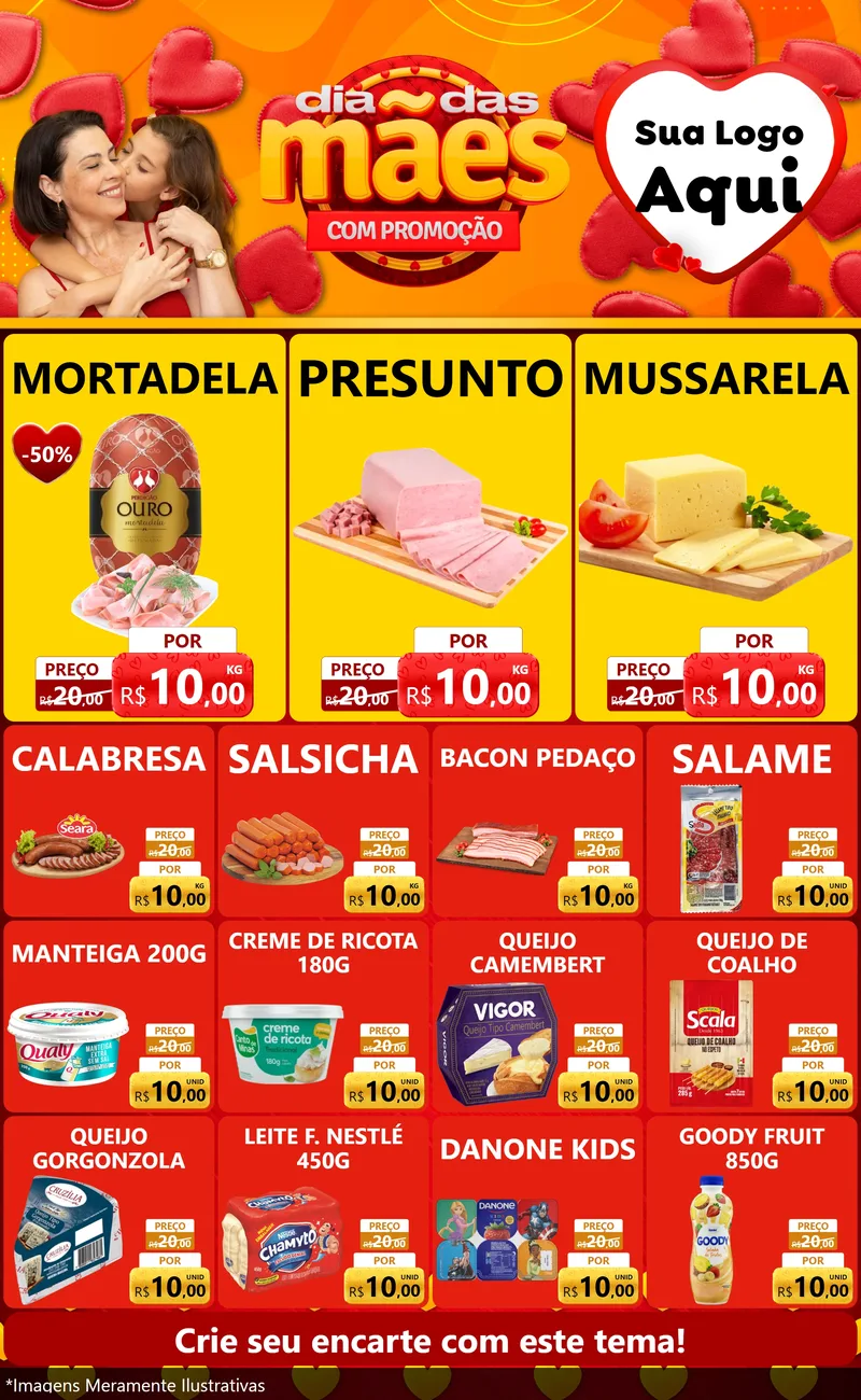 Modelo de Encarte para Encarte Grande com o tema Dia das Mães com Promoção para Frios e Laticínios