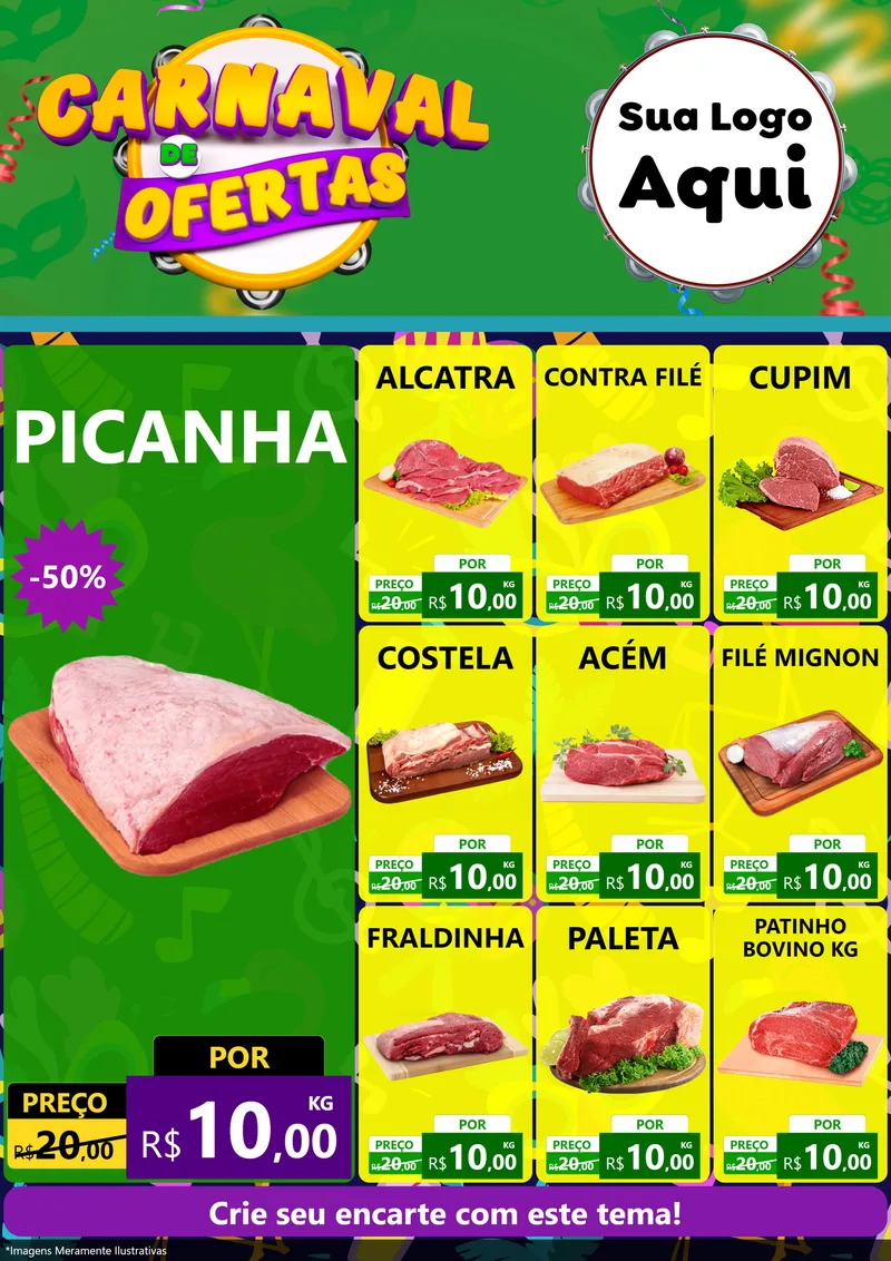 Modelo de Encarte para Encarte A4 Vertical com o tema Carnaval de Ofertas para Açougue