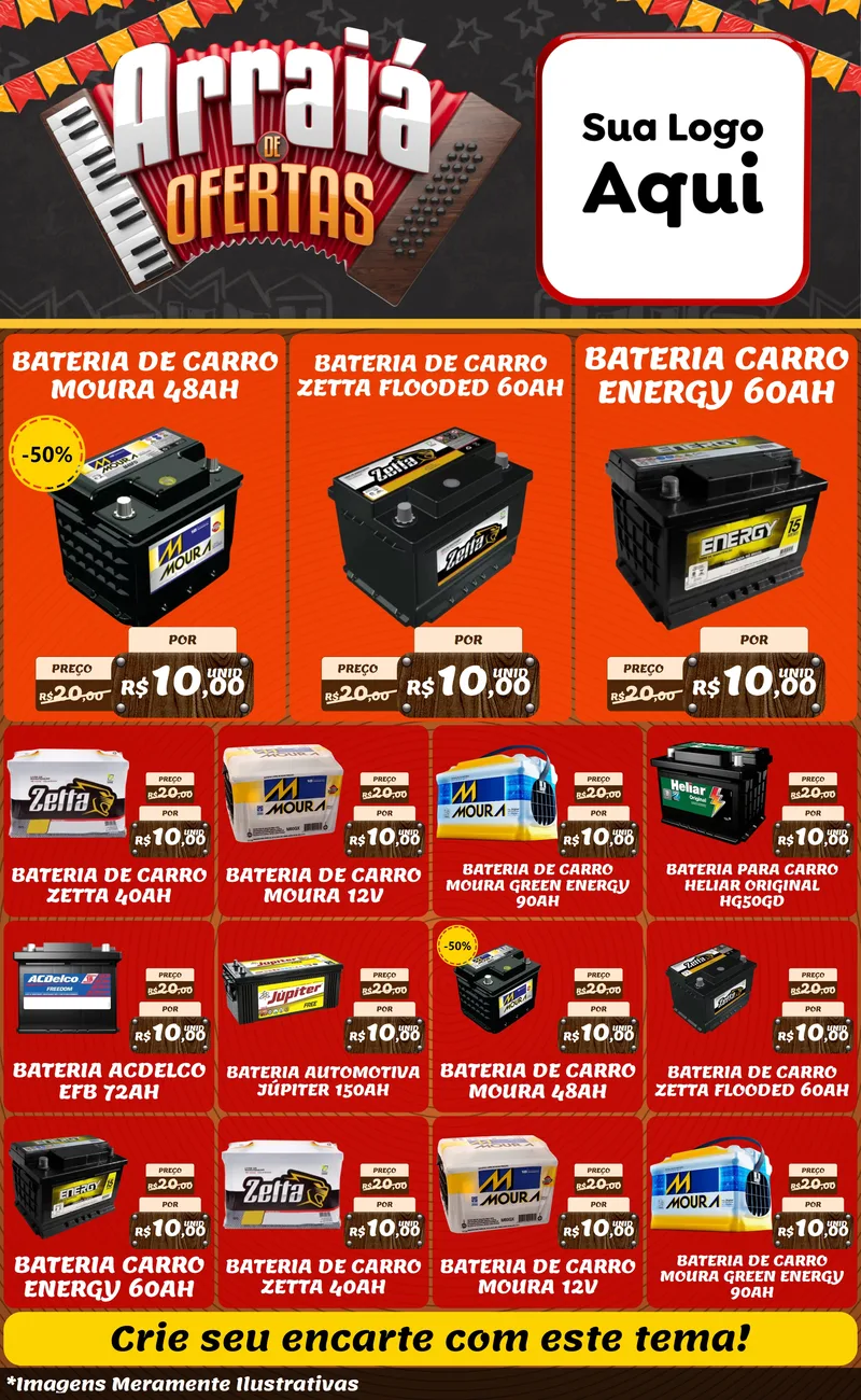 Modelo de Encarte para Encarte Grande com o tema Arraiá de Ofertas - Junina para Baterias Elétricas