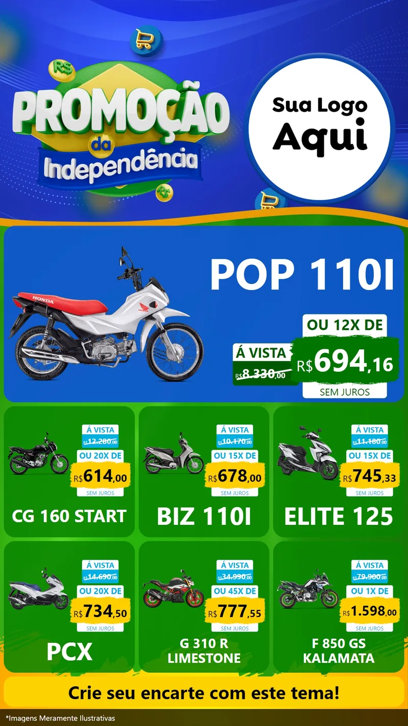 Modelo de Rede Social para Stories com o tema Promoção da Independência para Concessionaria de Motos