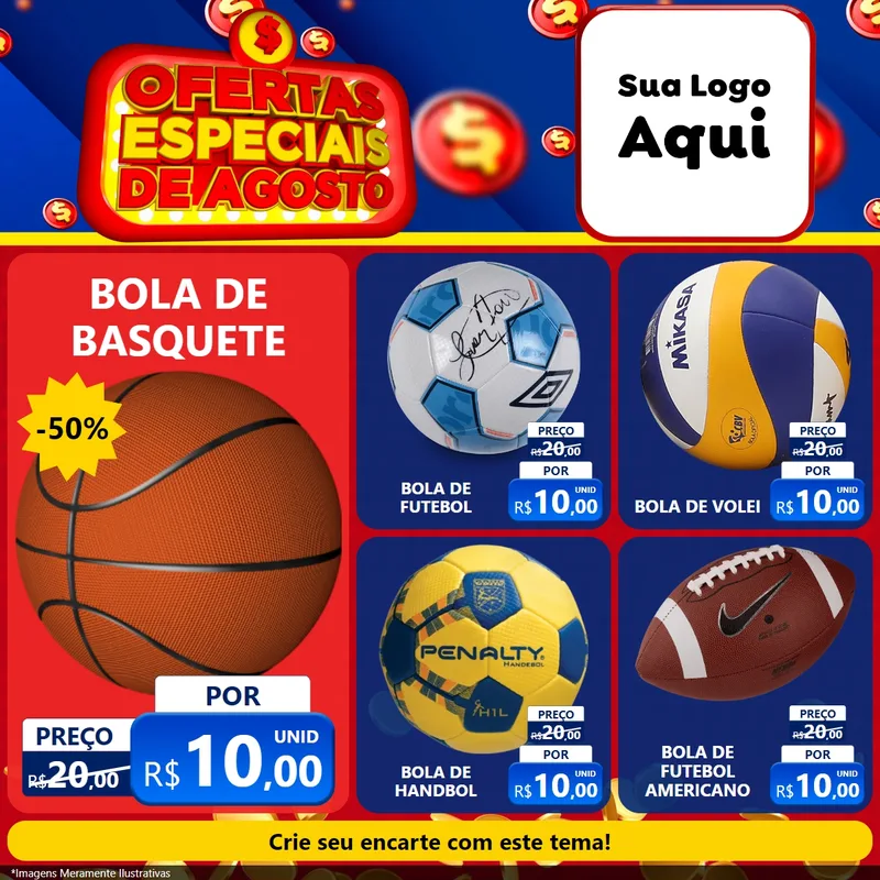 Modelo de Rede Social para Feed Facebook com o tema Ofertas Especiais de Agosto para Artigos Esportivos