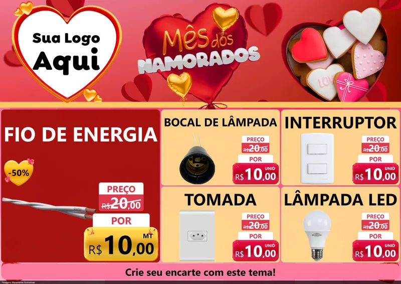 Modelo de Encarte para Encarte A4 Horizontal com o tema Mês dos Namorados para Materiais Elétricos
