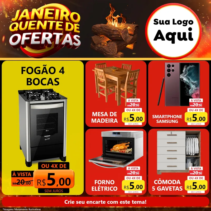 Modelo de Rede Social para Feed Facebook com o tema Janeiro Quente de Ofertas para Móveis e Eletro