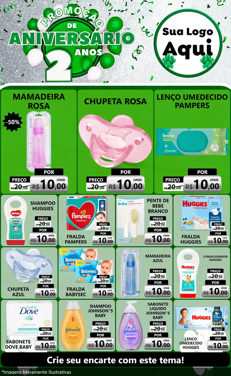 Modelo de Encarte para Encarte Grande com o tema Promoção de Aniversário - 2 Anos para Bebês
